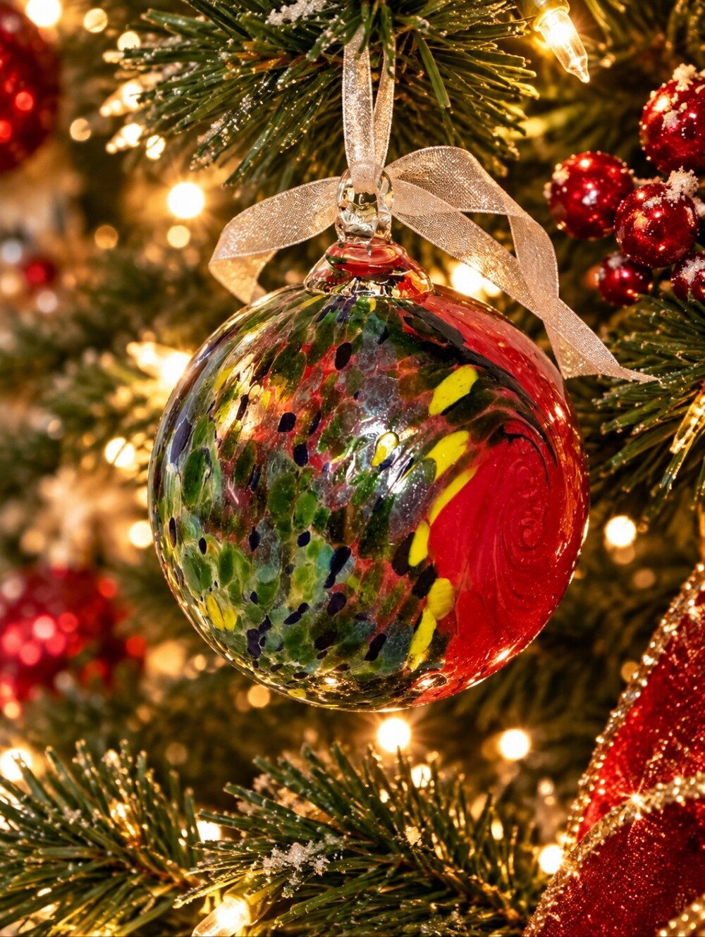 Christmas Ornament Large Round Hand Blown Glass Studio Art Holiday Decorations